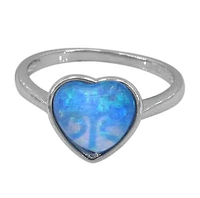 Sterling Silver With Rhodium, 11mm Heart Ring With Emulated Opal Stone And 2mm Band