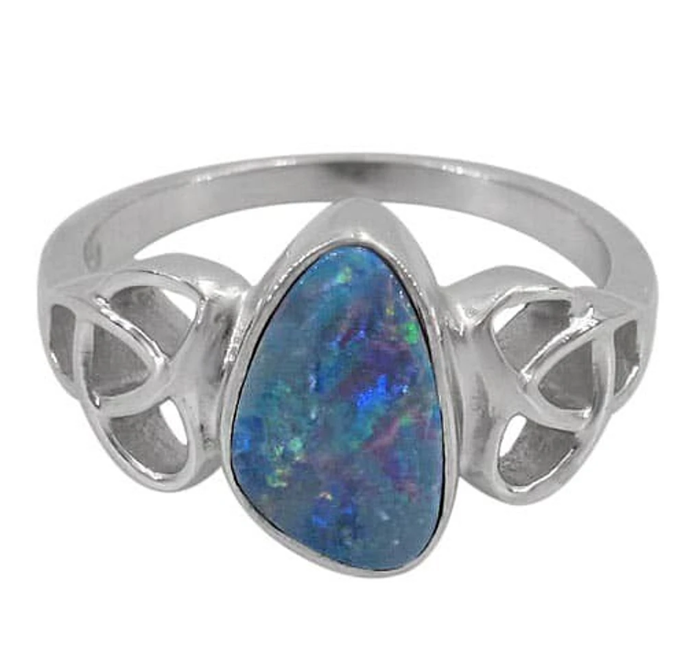 Sterling Silver With Rhodium, 12X11mm Australian Opal Stone Ring Celtic Knot Design, Colour And May Vary