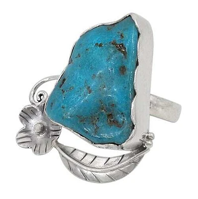 Sterling Silver, 25X20mm Turquoise Stone Ring With Flower Design, Colour And Size May Vary