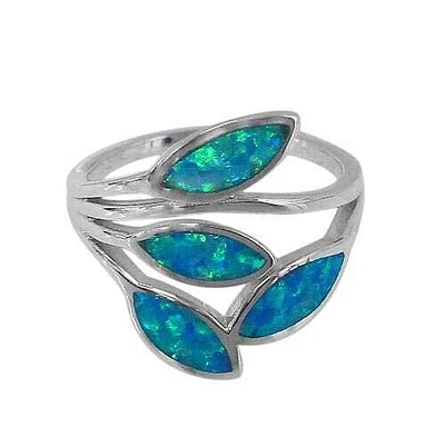 Sterling Silver With Rhodium, 17X15mm Leaf Design Emulated Opal Stone Ring