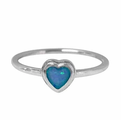 Sterling Silver With Rhodium, 6mm Heart Ring With Emulated Opal Stone