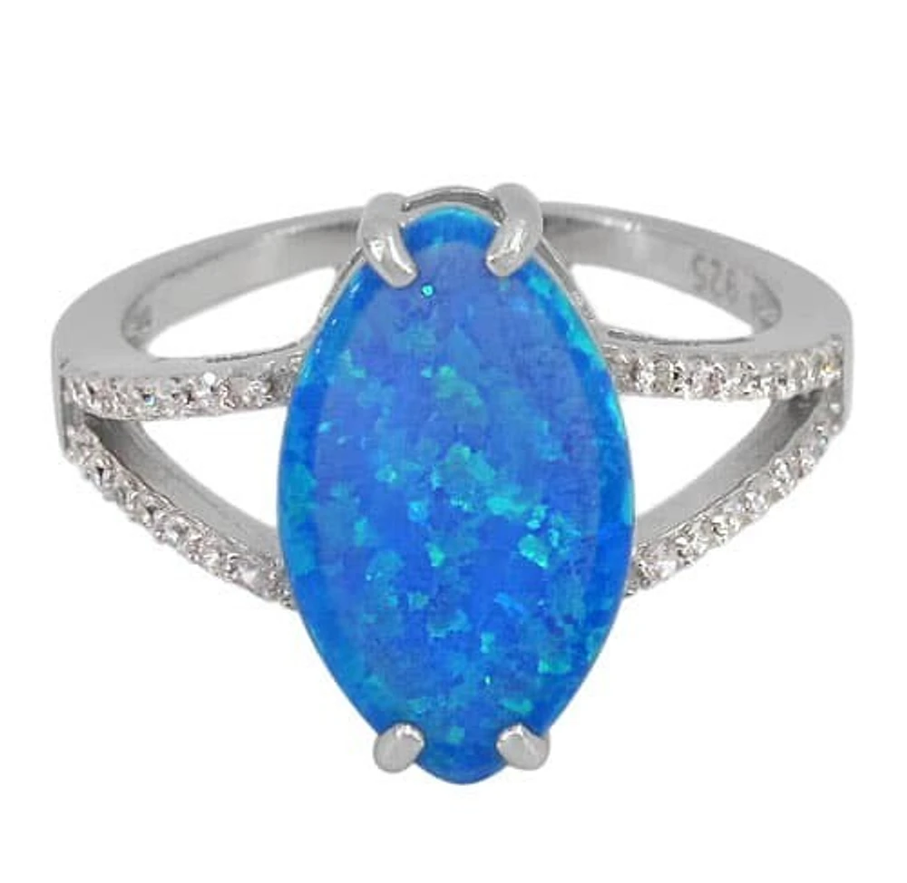 Sterling Silver With Rhodium, 17X10mm Emulated Opal Stone And 1mm Cubic Zirconia Ring With 2mm Band