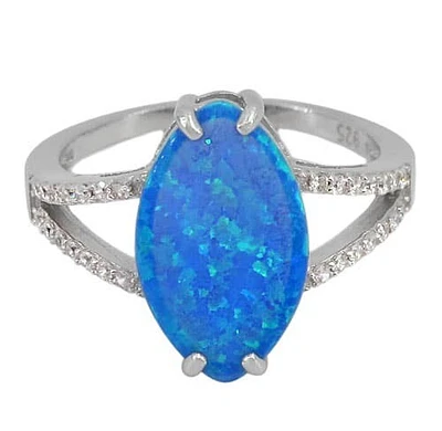 Sterling Silver With Rhodium, 17X10mm Emulated Opal Stone And 1mm Cubic Zirconia Ring With 2mm Band