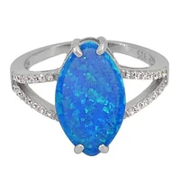 Sterling Silver With Rhodium, 17X10mm Emulated Opal Stone And 1mm Cubic Zirconia Ring With 2mm Band