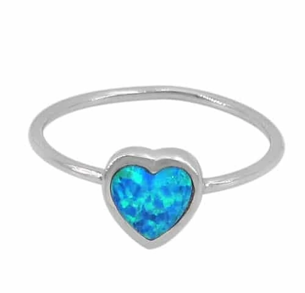 Sterling Silver With Rhodium, 8mm Heart Ring With Emulated Opal Stone And 1mm Band