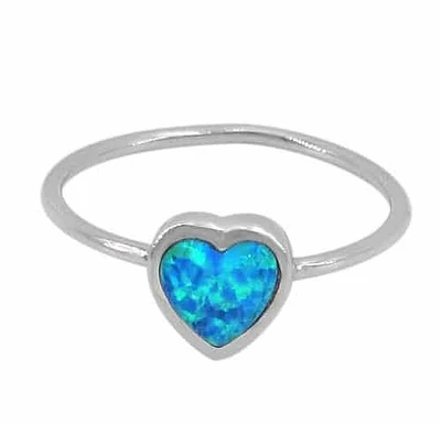 Sterling Silver With Rhodium, 8mm Heart Ring With Emulated Opal Stone And 1mm Band