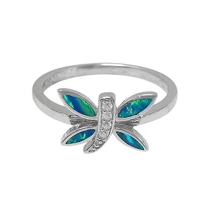 Sterling Silver With Rhodium, 9X7Mm Dragonfly Ring Emulated Opal Stone And Cubic Zirconia.