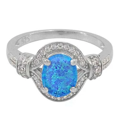 Sterling Silver With Rhodium, 9X7mm Emulated Stone And 1mm Cubic Zirconia Ring With 2mm Band