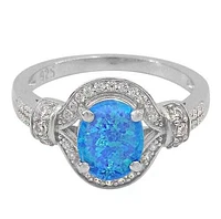Sterling Silver With Rhodium, 9X7mm Emulated Stone And 1mm Cubic Zirconia Ring With 2mm Band