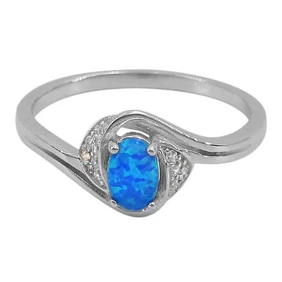 Sterling Silver With Rhodium, 4.5mm Emulated Opal Stone And 1mm Cubic Zirconia Ring With 1mm Band