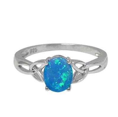 Sterling Silver With Rhodium, 8X7mm Emulated Opal Stone Ring With Celtic Knot Design