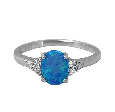 Sterling Silver With Rhodium, 8X6mm Emulated Opal Stone And Cubic Zirconia Ring