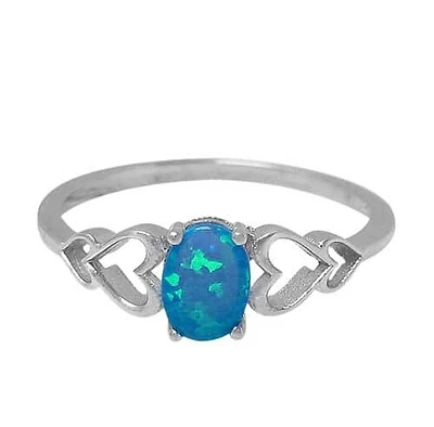 Sterling Silver With Rhodium, 7X5mm Emulated Opal Stone Ring With Heart  Design