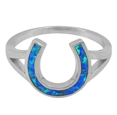 Sterling Silver With Rhodium, 11X12mm Horseshoe Ring With Emulated Opal Stone