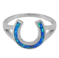 Sterling Silver With Rhodium, 11X12mm Horseshoe Ring With Emulated Opal Stone