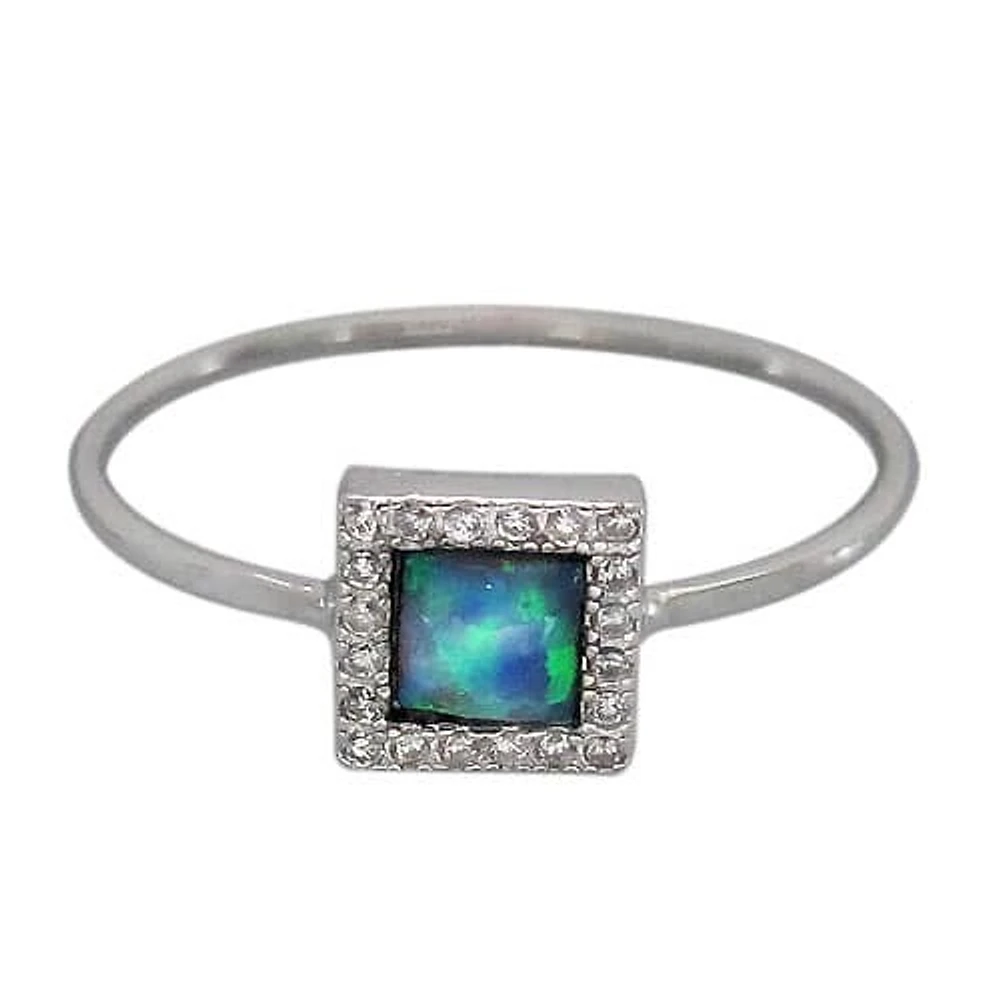 Sterling Silver With Rhodium, Emulated Opal Stone And Cubic Zirconia Ring, 3.5mm Width