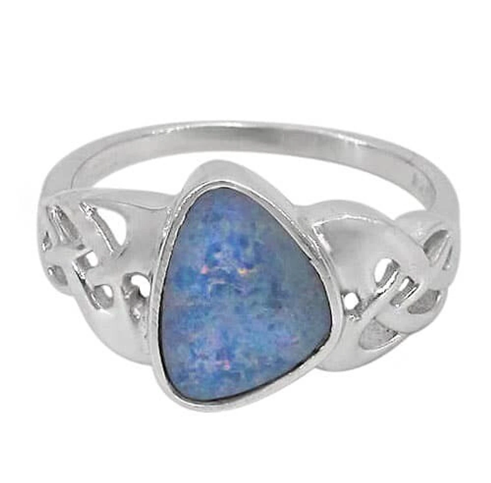 Sterling Silver With Rhodium, 11X9mm Australian Opal Stone Ring Celtic Knot Design, Colour And May Vary