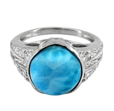 Sterling Silver With Rhodium, 12mm Larimar Stone Ring, Colour And May Vary.