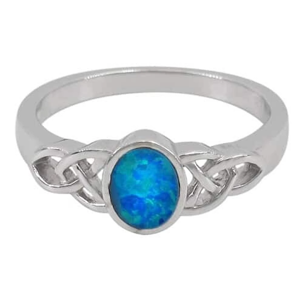 Sterling Silver With Rhodium, 8X6mm Emulated Opal Stone Ring With Celtic Knot Design