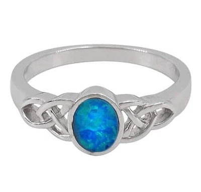 Sterling Silver With Rhodium, 8X6mm Emulated Opal Stone Ring With Celtic Knot Design