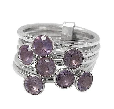 Sterling Silver With Rhodium, 5 Band Stack Ring 5Mm Stone.