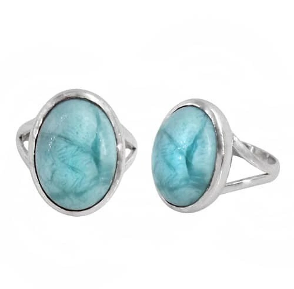 Sterling Silver With Rhodium, 17X12mm Larimar Stone Ring 3mm Band, Colour And May Vary