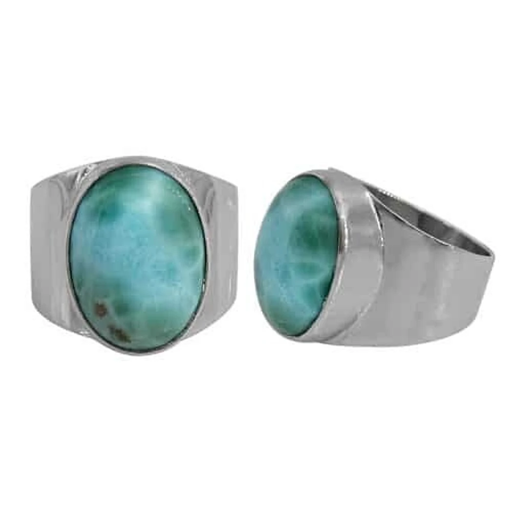 Sterling Silver With Rhodium, 17X12mm Larimar Stone Ring 6mm Band, Colour And May Vary