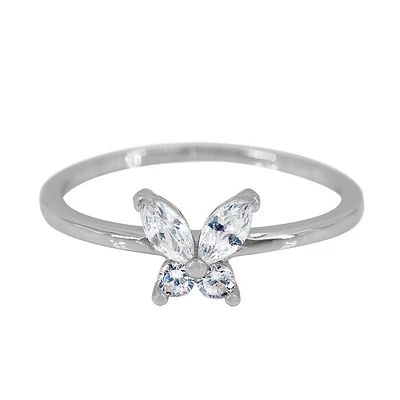 Sterling Silver With Rhodium, 7X7mm Butterfly Ring With Cubic Zirconia, 1mm Band