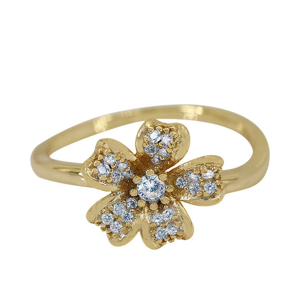 Sterling Silver With Gold, 10mm Diameter Flower Ring With Cubic Zirconia, 1.5mm Band