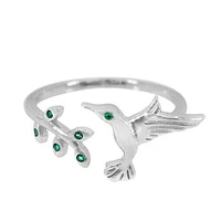 Sterling Silver With Rhodium, Adjustable Ring With Hummingbird And Levees,11mm Width, 1mm Band