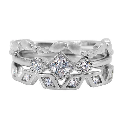 Sterling Silver With Rhodium, Piece Stackable Ring Set With Cubic Zirconia