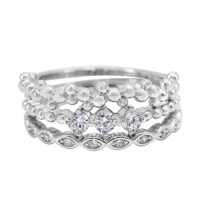 Sterling Silver With Rhodium, Piece Stackable Ring Set Cubic Zirconia