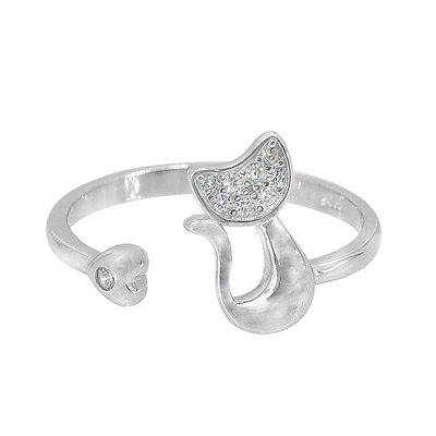 Sterling Silver With Rhodium, Adjustable Cat And Heart Ring, 2mm Band