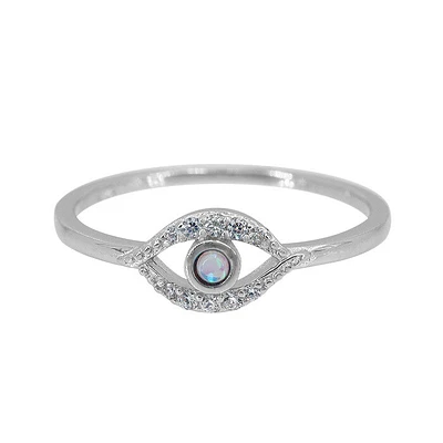 Sterling Silver With Rhodium, 6X9mm Evil Eye Ring Emulated Opal And Cubic Zirconia, 1.5mm Band