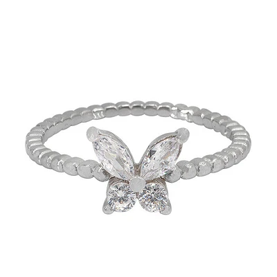 Sterling Silver With Rhodium, 7X9mm Butterfly Ring Cubic Zirconia, 1.5mm Beaded Band