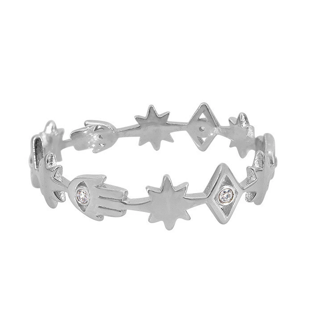 Sterling Silver With Rhodium, North Star And Hamsa Ring Cubic Irconia