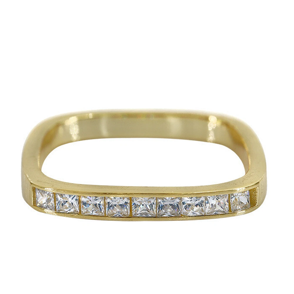 Sterling Silver With Gold, 3X3mm Square Cubic Zirconia Ring, 3.5mm Band