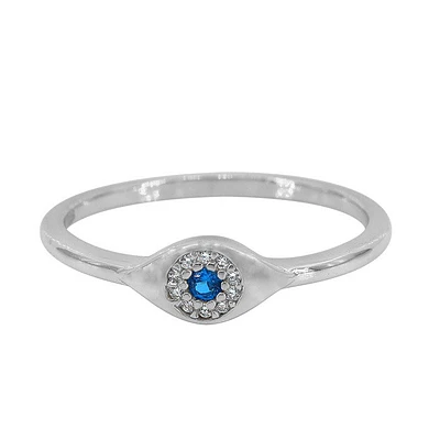 Sterling Silver With Rhodium, 5X9mm Evil Eye Ring Cubic Zirconia, 1.5mm Band