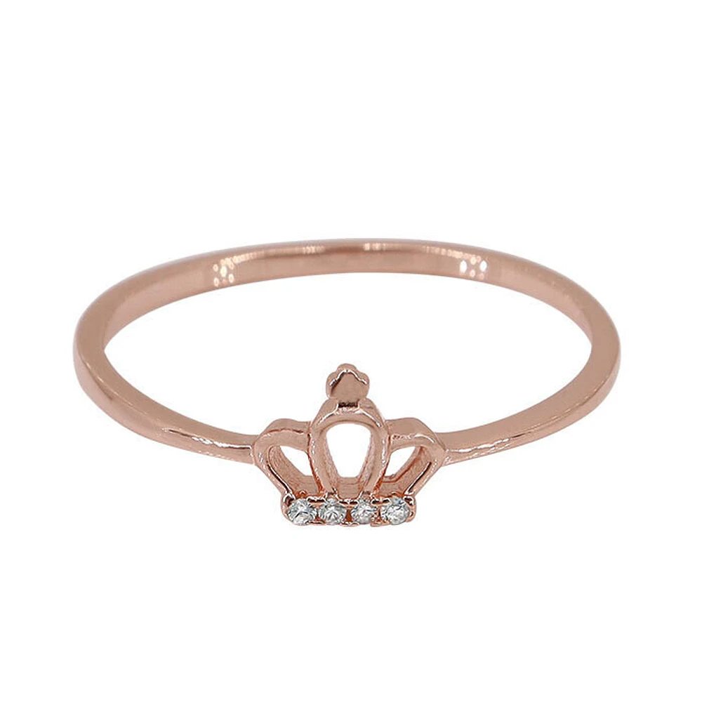 Sterling Silver With Rose Gold, 6X7mm Crown Ring Cubic Zirconia, 1mm Band.