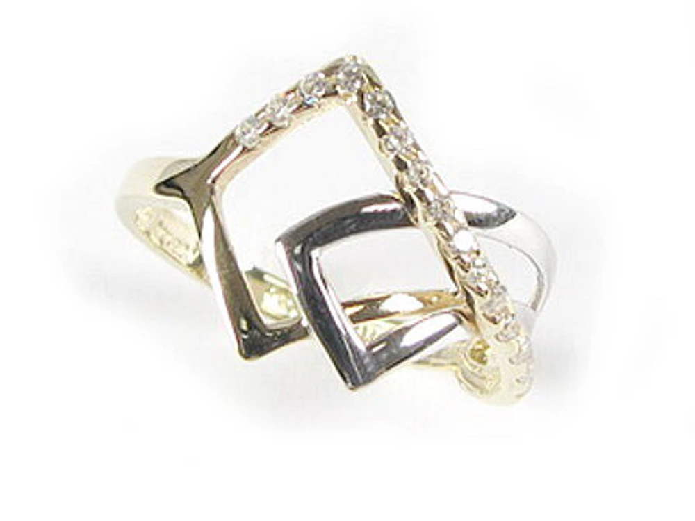 10K Yellow & White Gold Unique Square Loop Ring C.Z