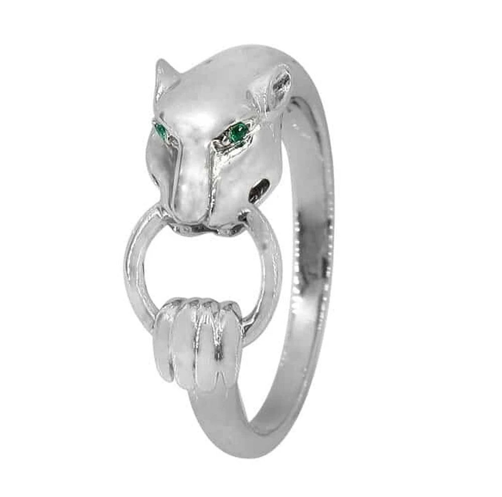 Sterling Silver With Rhodium, 9mm Panther Head Ring With Cubic Zirconia, 2mm Band