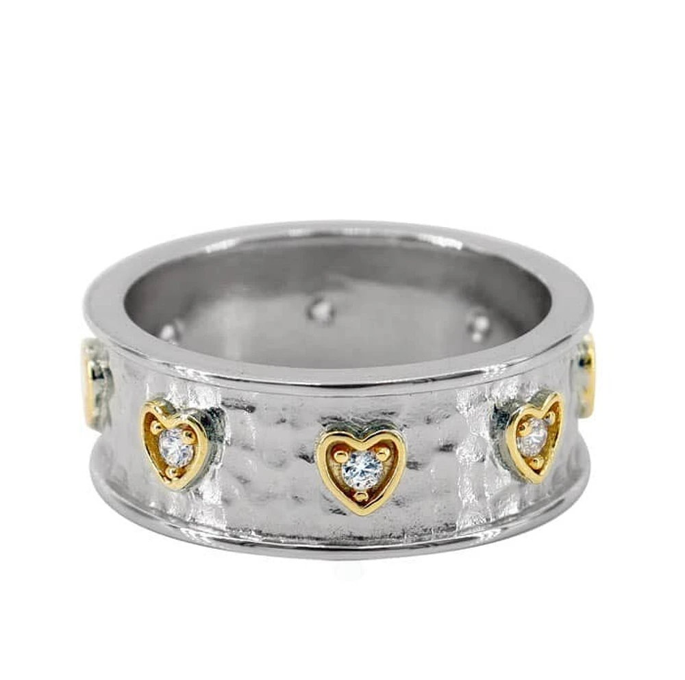 Sterling Silver, 2 Tone Heart Ring With Cubic Zirconia, 8mm Width