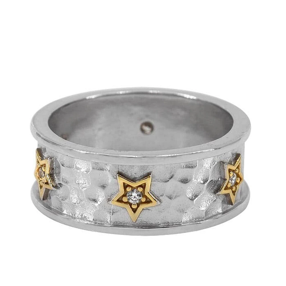 Sterling Silver, 2 Tone Star Ring With Cubic Zirconia, 8mm Width