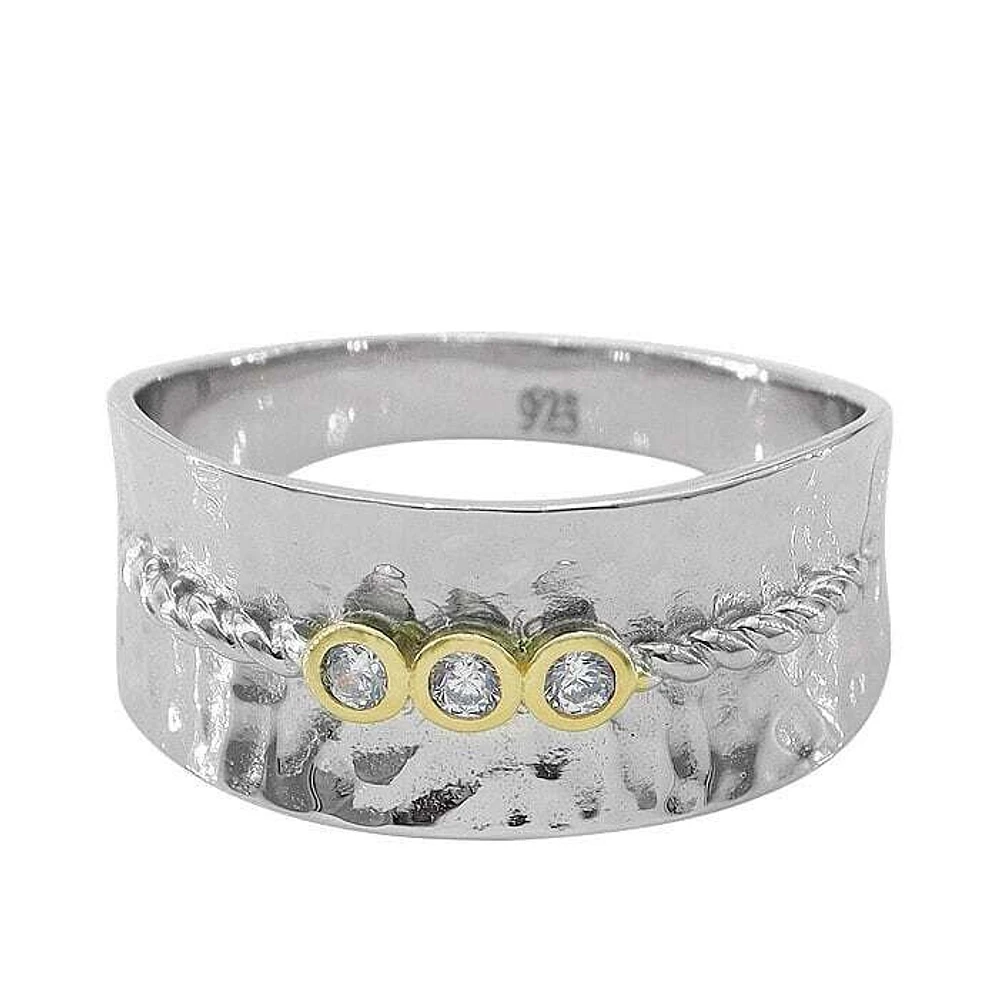 Sterling Silver, 2 Tone Ring With 2mm Cubic Zirconia, 9.5mm Width