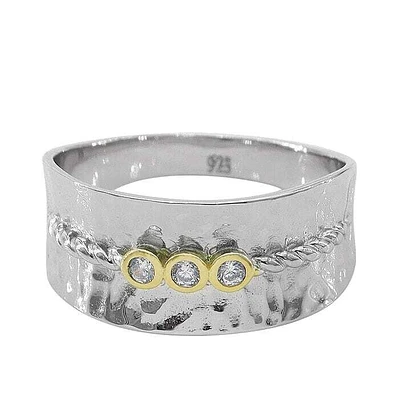 Sterling Silver, 2 Tone Ring With 2mm Cubic Zirconia, 9.5mm Width