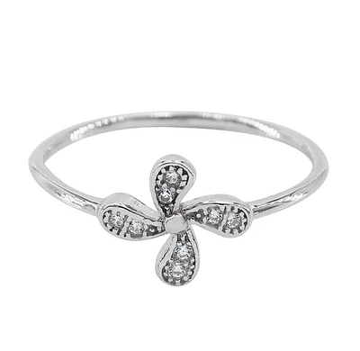 Sterling Silver With Rhodium, 9mm Flower Ring Cubic Zirconia, 1mm Band