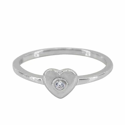 Sterling Silver With Rhodium, 6X7mm Heart Ring With Cubic Zirconia, 1.5mm Band