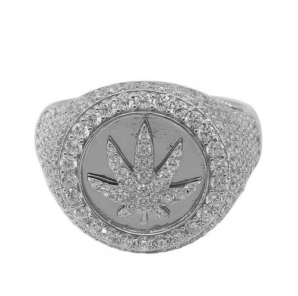 Sterling Silver With Rhodium, Marijuana Leaf Ring Cubic Zirconia, 20mm Width