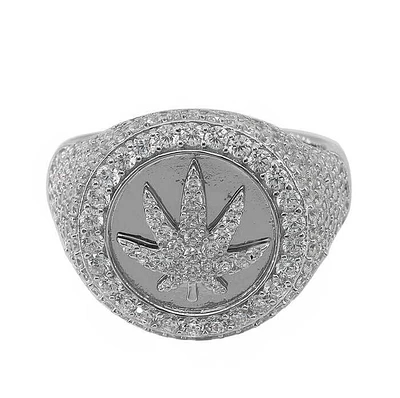 Sterling Silver With Rhodium, Marijuana Leaf Ring Cubic Zirconia, 20mm Width