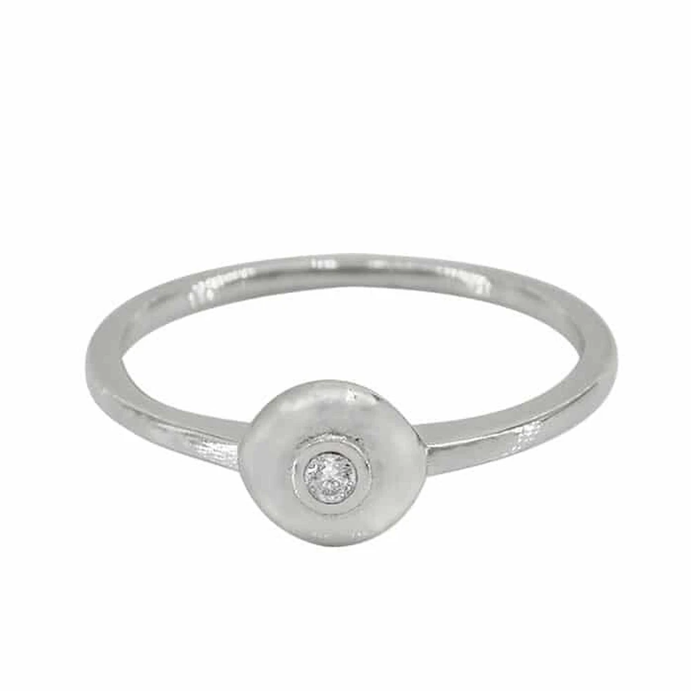 Sterling Silver With Rhodium,6.5mm Round Ring Cubic Zirconia, 1mm Band